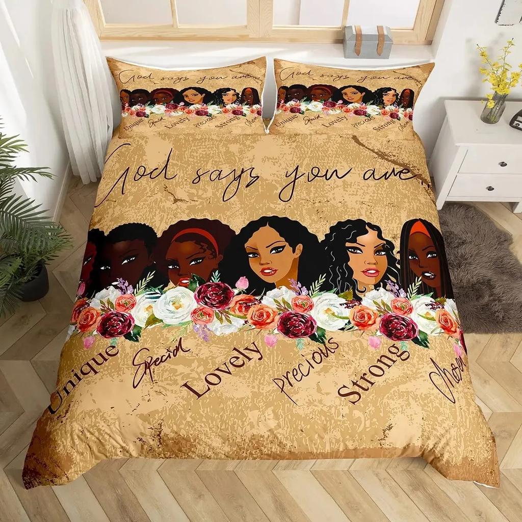 African Woman Duvet Cover Set Ethnic Afro Bedding Set African American Comforter Cover Orange Ancient Desert Bedspread