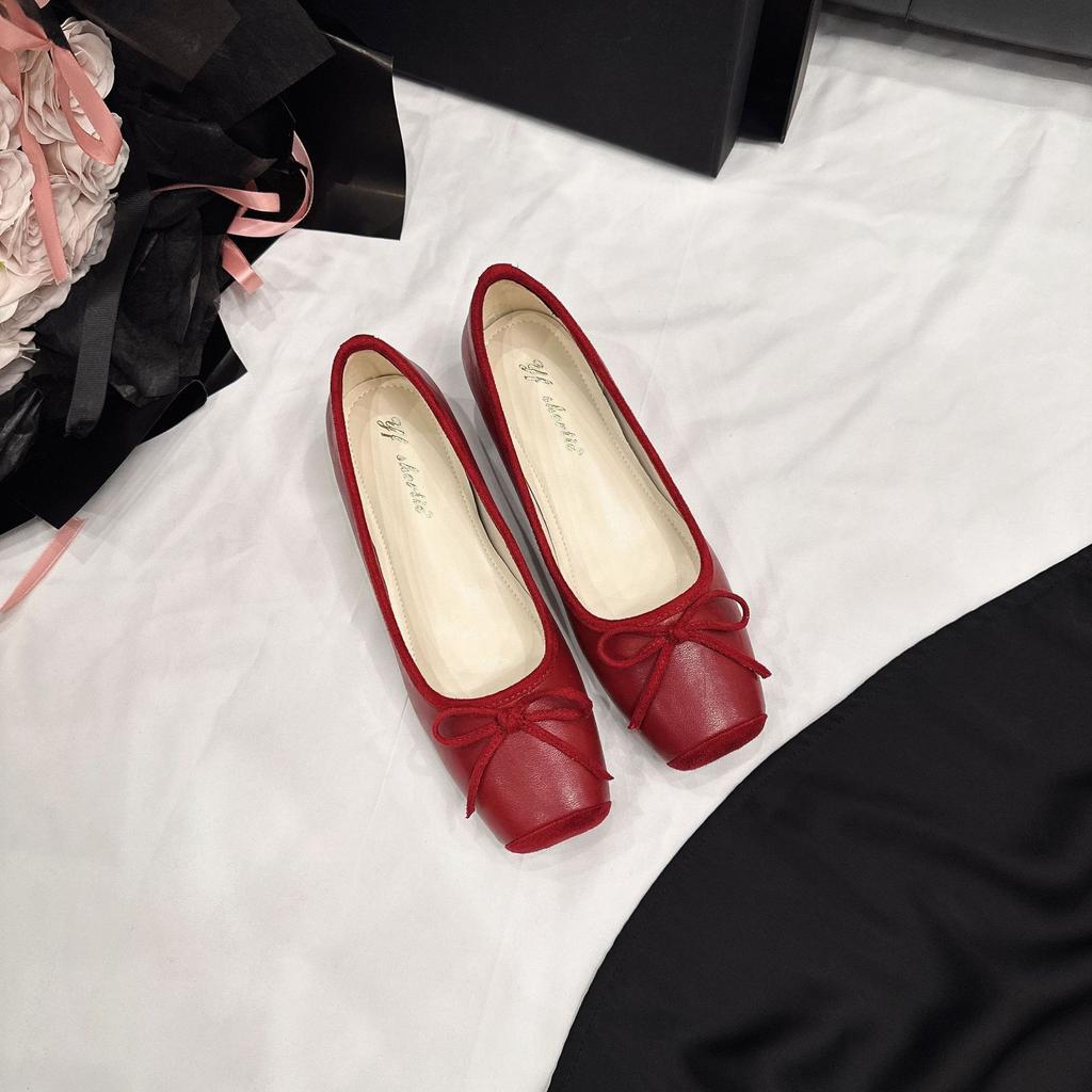 5 Cm Higher Bow Splicing Ballet Single Shoes Women's 2025 New Xiaoxiangfeng Square Head Flat Mary Jane Shoes