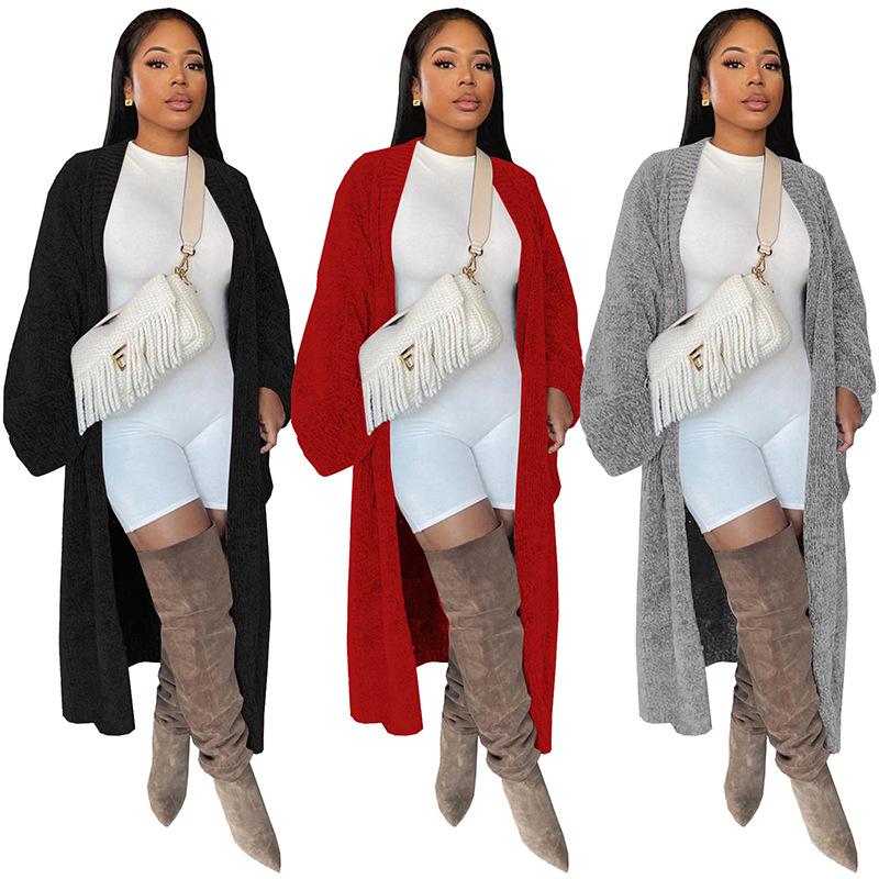 European & American Women's Solid Color Long Knit Cardigan - Nightclub & Casual Style