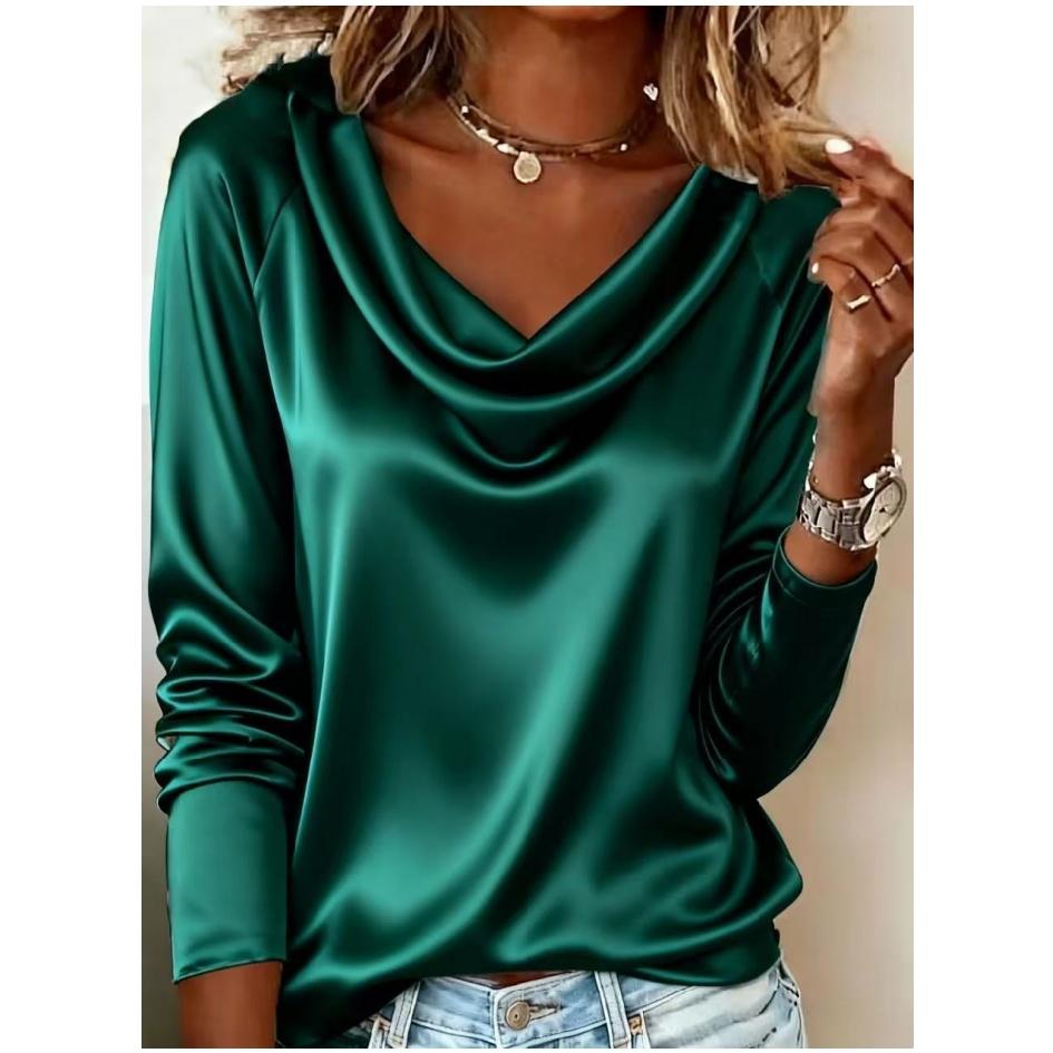 Spring Autumn Versatile Office Draped Collar Flowy Long-Sleeve Blouse - Stylish Elegant 100% Polyester Shirt