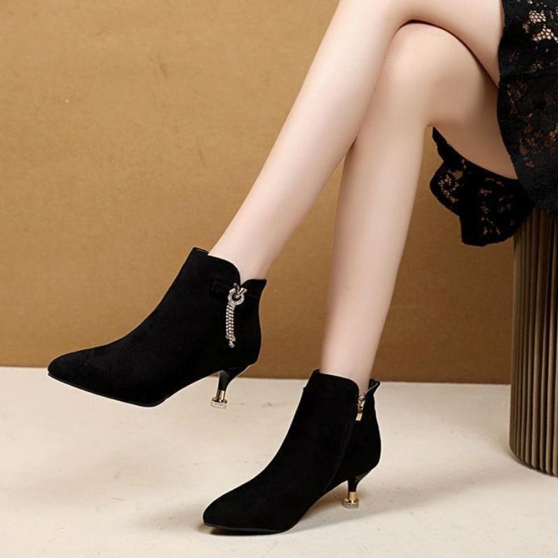Fashion Booties Suede Black Stiletto Heel Ankle Boots for Women Rhinestone Comfortable and Elegant On Promotion Sale Woman Short Shoes