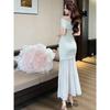 Summer New Mesh Pleated Meat Cover Thin Banquet Style Hip Skirt Pure Slim-fitting High-waisted V-neck Dress