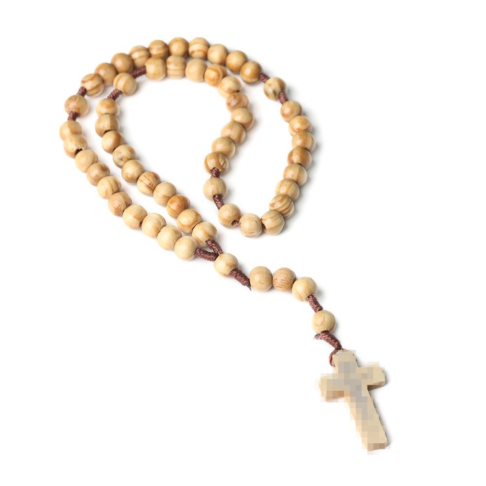 Handmade Natural Wood Bead Rosary with Cross & European American Design