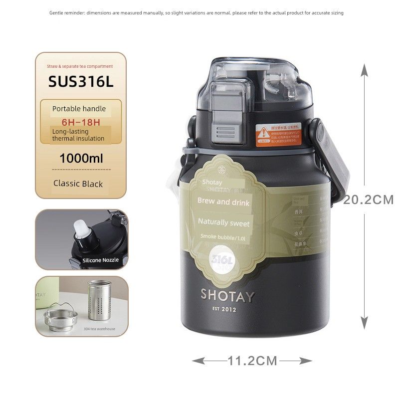 

Shangtai Large Capacity Vacuum Cup Good-looking 316L Stainless Steel Straw Girl Drinking Bottle Student Handheld Lanyard Water Bottle Black 1000ml [316L Liner + Tea Separator + Straw]
