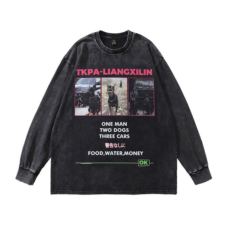 Trendy Brand American High Street Retro Doberman Direct Injection Printing Washed Long-Sleeved T-Shirt Men'S Loose Vintage Top