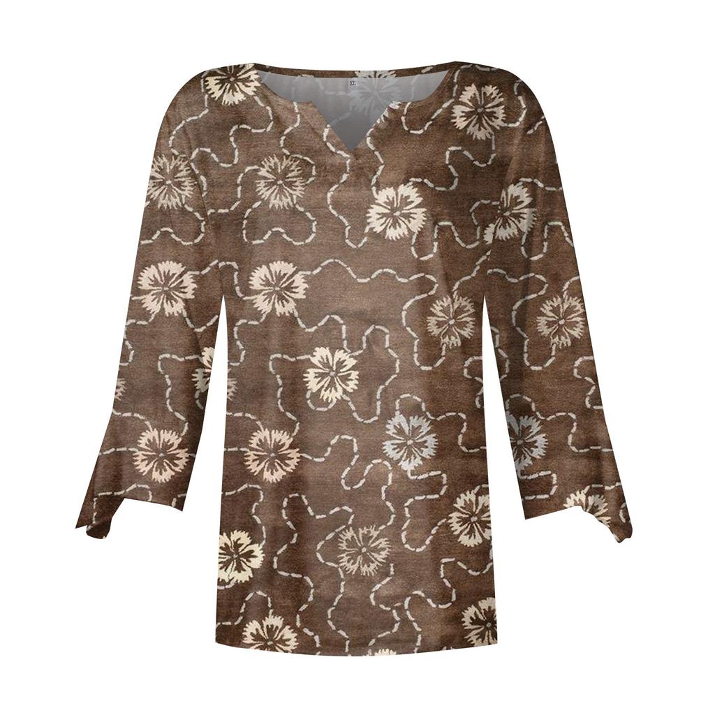 Women's Top Loose Casual V-neck Color Blouses Bell 3/4 Sleeve T-shirt