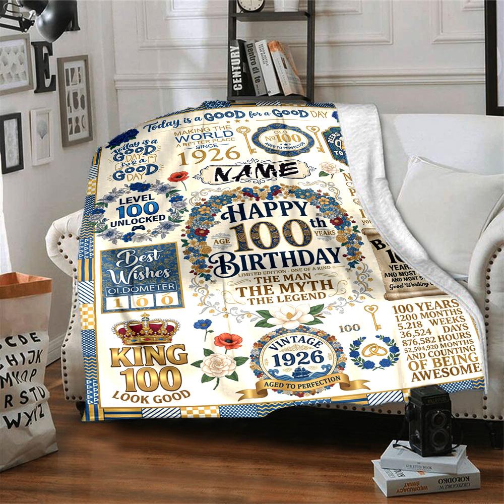 Happy 100Th Birthday 1926 Themed Blanket Personalized Name Soft Warm And Versatile For Sofa Bed Office And Travel Machine Washable Comfortable In All