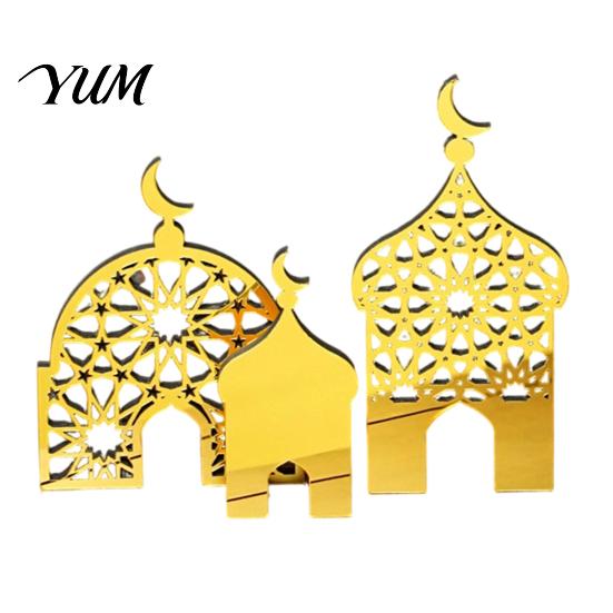 Compact Party Decorations 3PCS Ramadan Golden Castle Ornament, Hollow Mosque Design, Thick Wood And Indoor Aesthetic Ornaments Acrylic Desktop