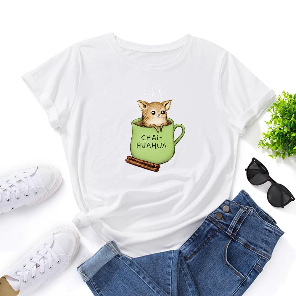 Summer Round Neck Cute Dog and Tea Cup Design Printed T-shirtsFashionable Casual Pure Cotton Short Sleeved Women's T-shirts