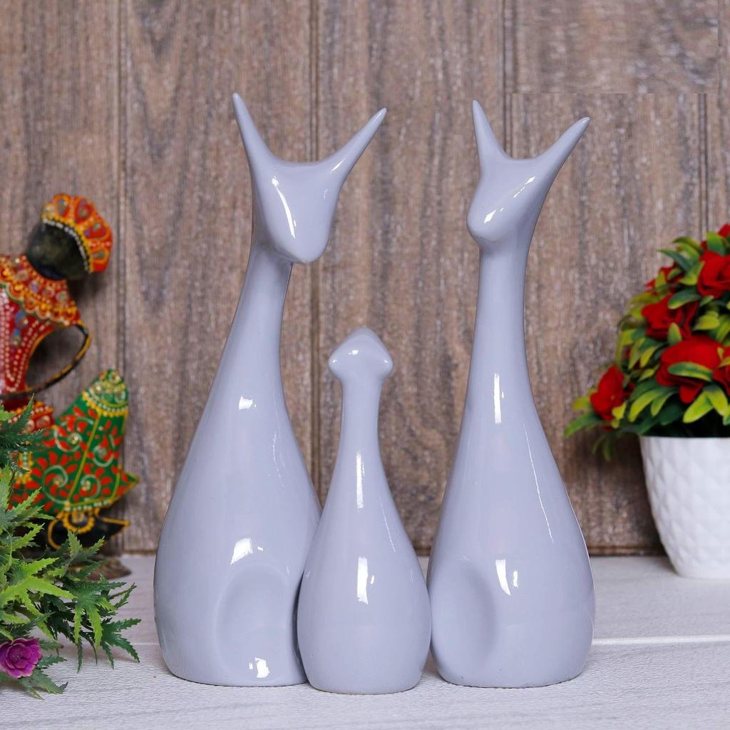 Lucky Deer Statue Family Piano Finish Ceramic Figures Deer Couple showpiece Decorative Showpiece - 25 cm (Polyresin, Grey)