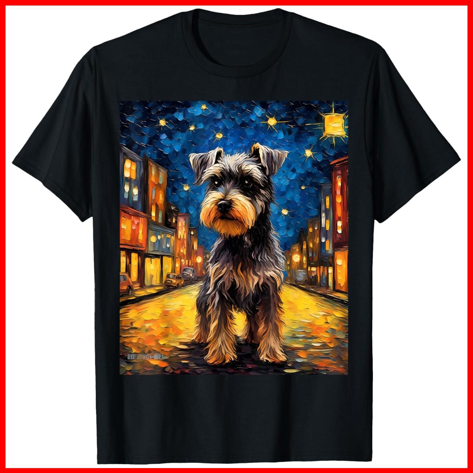 Surreal Starry Night Miniature Schnauzer Dog Black Cotton T-Shirt S-5XL XL