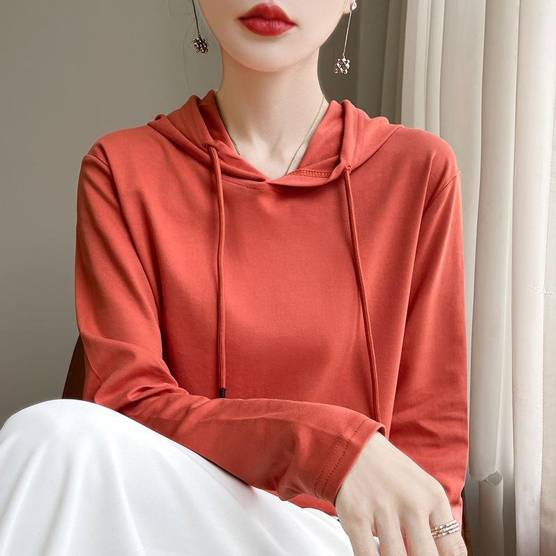 Women's Hooded Long Sleeve Sweatshirt Loose Fit Japanese Korean Casual Solid Color Cotton Spring Daily Versatile Layering Pullover Top