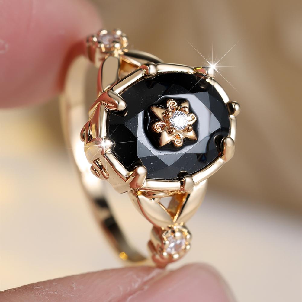 

Роскошные кольца с черным цирконом овальной огранки золотого цвета для женщин, изысканные ретро винтажные украшения, подарок для мамы 10 золотой