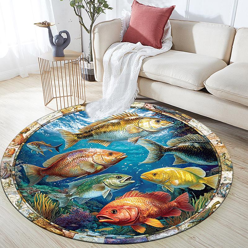 Ocean Fishes Round Area Rug,Carpet Rug for Living Room Bedroom Sofa Playroom Decor,Non-slip Floor Mat