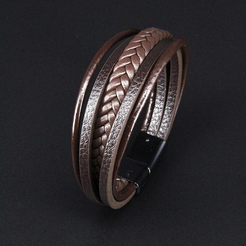 Handsome Brown Men's Magnetic Leather Buckle Buckle Hand-Woven Multi-Layer Leather Bracelet