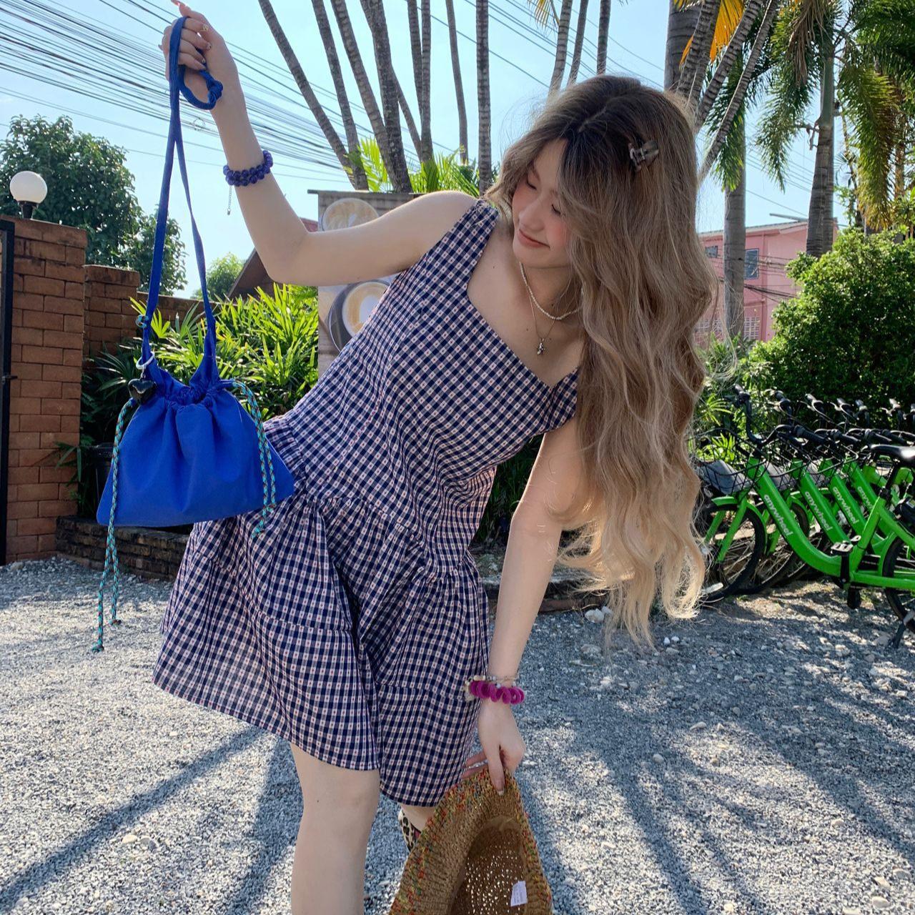 

Женское винтажное клетчатое платье-жилет, летнее винтажное короткое платье без рукавов с высокой талией M