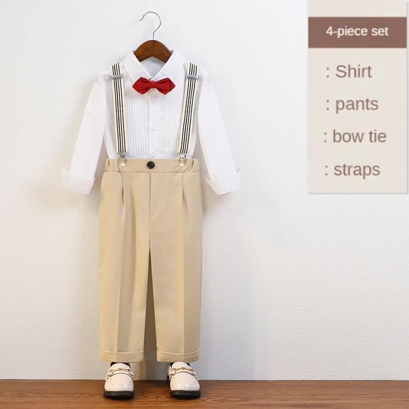School Boys Suspender Trousers Formal Suit Shirt Bow Tie Kids Wedding Ring Bearer Piano Recital Birthday Photoshoot Gentleman Outfit for Boys 3-12Y