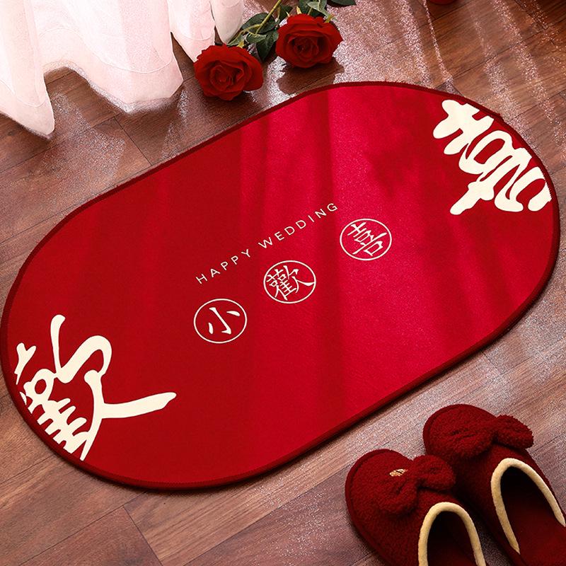 Red Crystal Velvet Non-slip Wedding Bedside Rug - Festive Bedroom Decor
