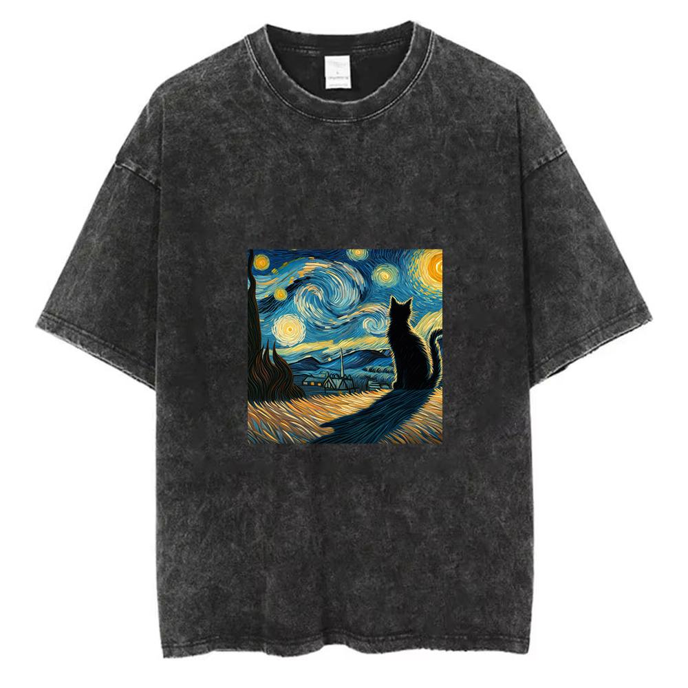 Vintage Washed Van Gogh Starry Night Black Cat Graphic Print Oversized T-Shirt Casual Loose Short Sleeve Tee for Cat