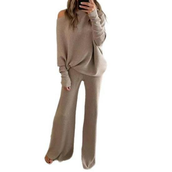 2026 Autumn/Winter Solid Batwing Sleeve Knit Two-Piece Set with Drawstring High-Waist Wide-Leg Pants