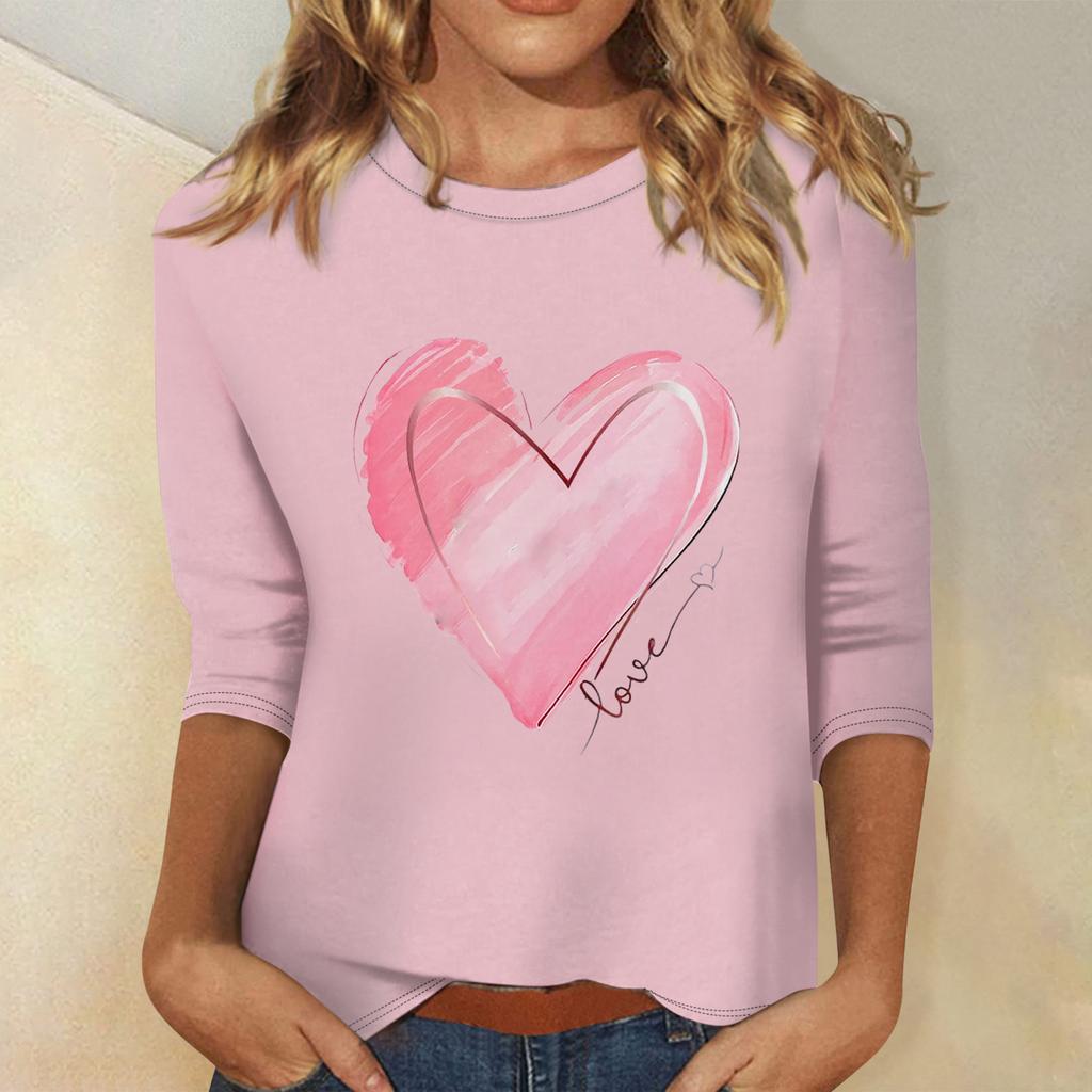 Women's Fashion Casual Round Neck 3/4 Sleeve Loose  Printed T-Shirt Ladies Top