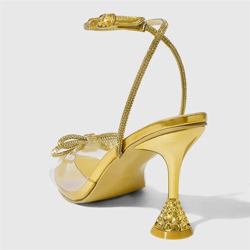 Fashion Luxury Crystals Bow High Heeled Sandals Women Transparent PVC Ankle Strap Buckle Brand Designer Shoe Fashion Banquet Dress Shoes