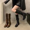 Schuhe für Damen, Herbst, modische Schnalle, kniehohe Stiefel, Retro-hohe Stiefel, Frau, plissiert, niedriger Absatz, lässige Lederstiefel für Damen