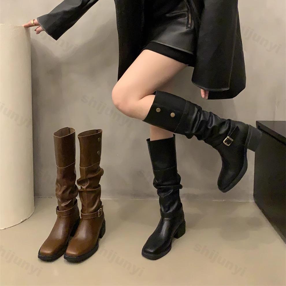 Shoes for Women Autumn Fahsion Buckle Knee High Boots Retro Tall Boots Woman Pleated Low Heel Casual Leather Female Long Boots