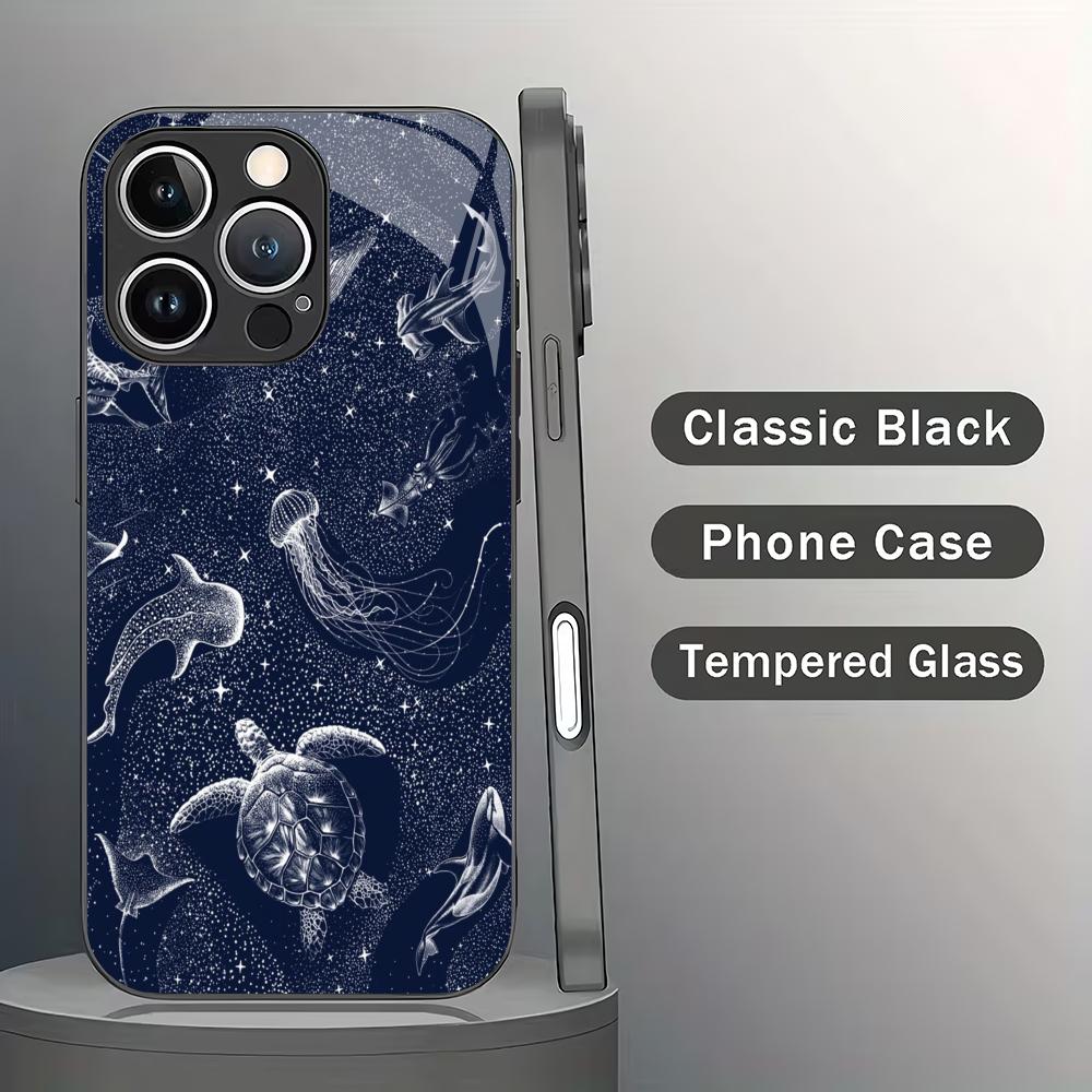 Turtle Dolphin Pattern Tempered Glass Phone Case Suitable for iPhone 17 16 15 14 13 12 11 Pro Max Plus Shockproof Back Cover