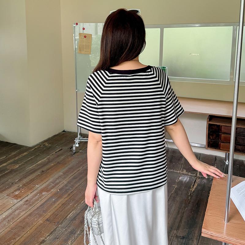 Summer new niche T-shirt short-sleeved large-size women's clothing striped pullover, thin and fat mm versatile top 142451