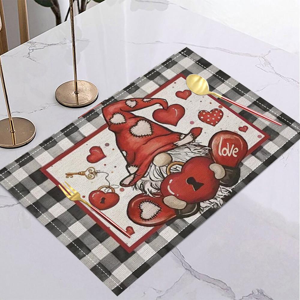 Valentine's Day Heart Table Mat Cartoon Gnome Rose Romantic Placemat for Romantic Date Love Party Valentine's Dinner Home Decor