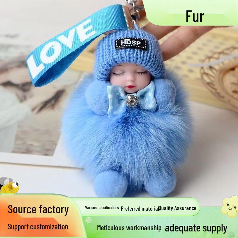 Exquisite Handmade Plush Sleeping Doll Pendant with Faux Mink Fur, Perfect as a Backpack Accessory