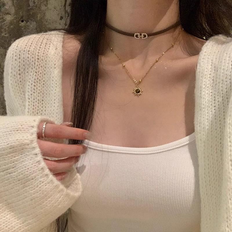 Autumn Maillard Pu Leather Tiger'S Eye Stone Stacked Choker Necklace Women'S Senior Exquisite Sweater Chain Collarbone Chain Neck Chain