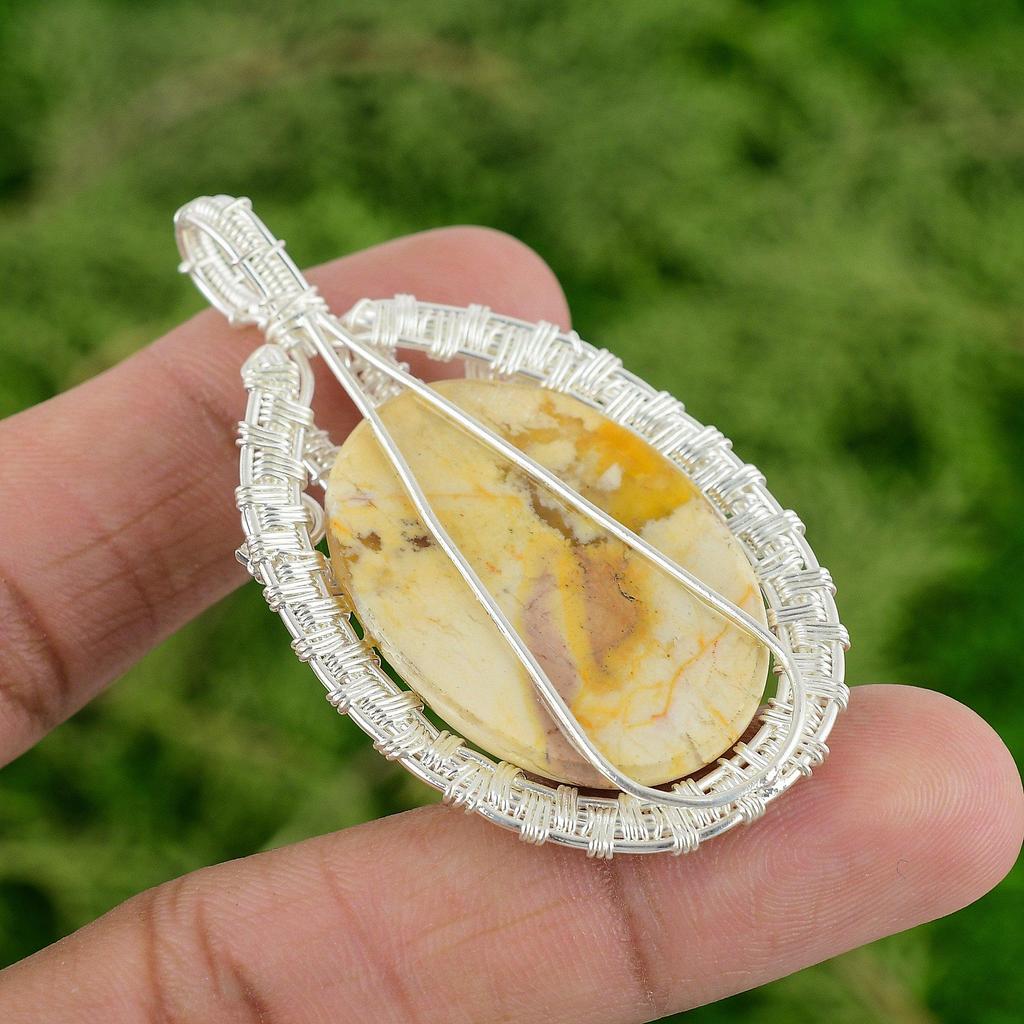 925 Sterling Silver Oval Brecciated Mookaite Stone Handmade Wire Wrapped Pendant