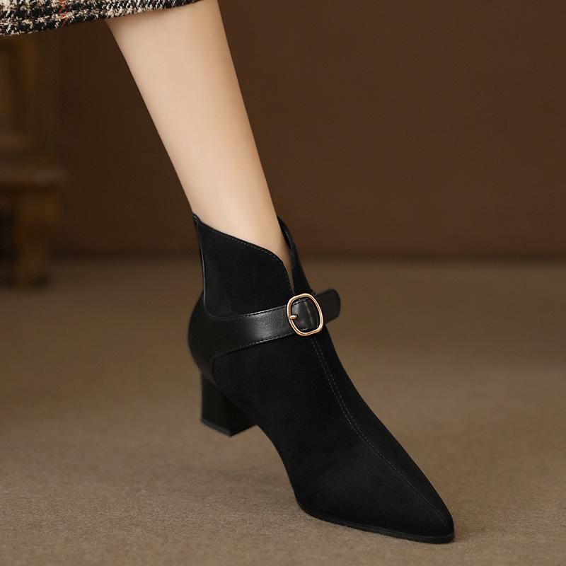 2024 Autumn/Winter New Combination Mid Heel Thick Heel High Heel Pointed Boots Women's Brown Short Boots Women's