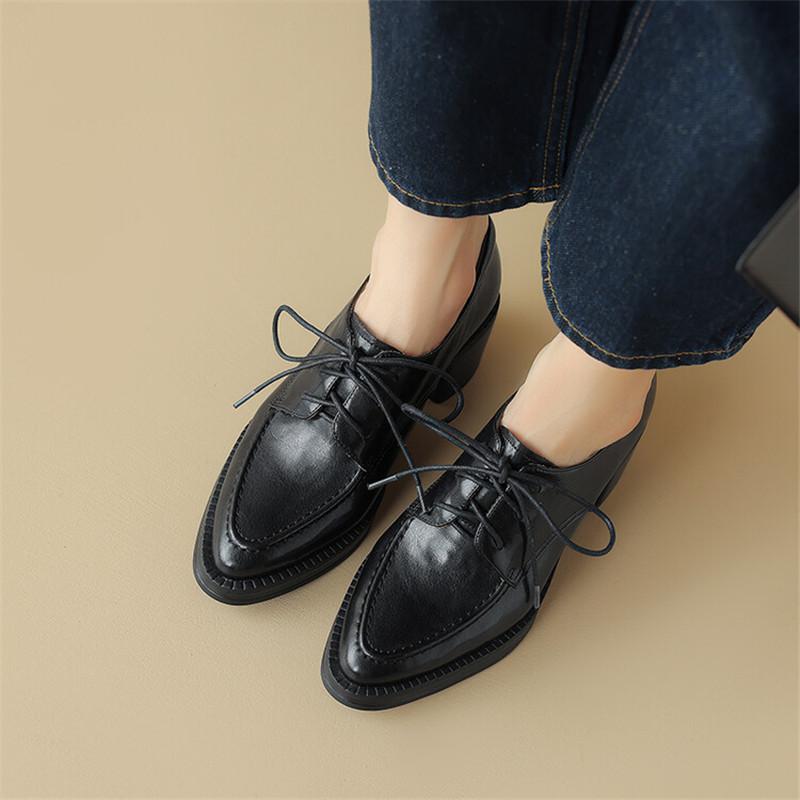 Fashion New Spring Pleated Cowhide Loafers Woman Shoes Chunky Heels Pointed Toe High Heels Shoes for Women Lace Women Pumps Zaptos Mujer