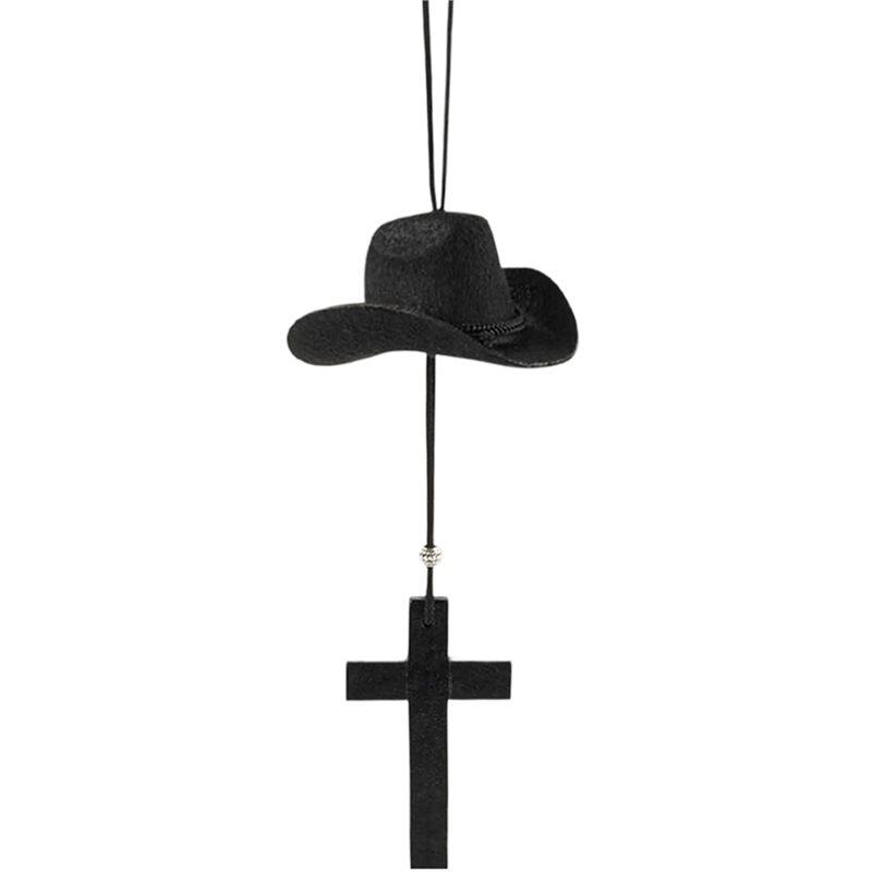 

ABUL-Cowboy Hat Cross Car Charm, Wooden Cross Car Rear View Mirror Hanging, Felt Hat Country Pendant Hanger For Car,Decor A чорний
