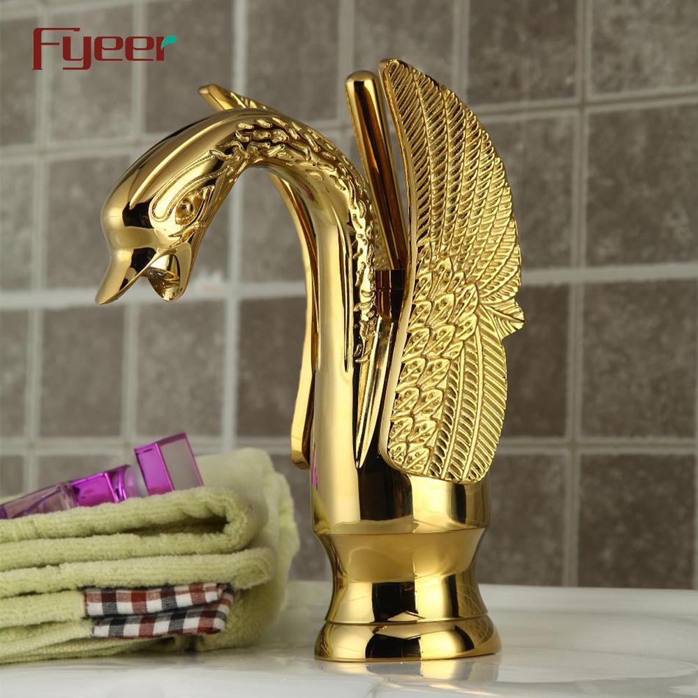 Fyeer Gold Color Brass Swan Bathroom Basin Mixer Tap (Gold,gold plated)