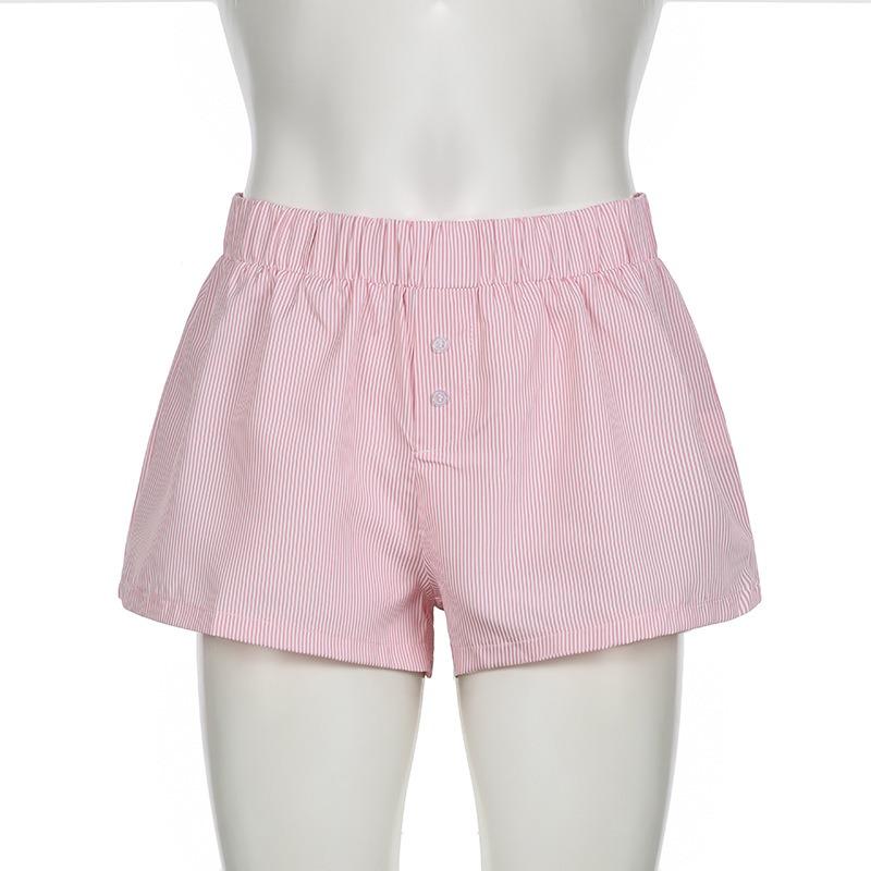 Fashion Summer Simple Striped Women Beach Shorts Loose Elastic Waist Sports Casual Short Pants Elegant Buttons Simple Basic Thin Women's Clothing