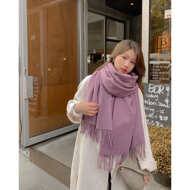 Wool Scarf Women's Autumn and Winter Warm Thickened Cashmere Scarf Versatile Tassel Shawl Korean Style Solid Color Scarf
