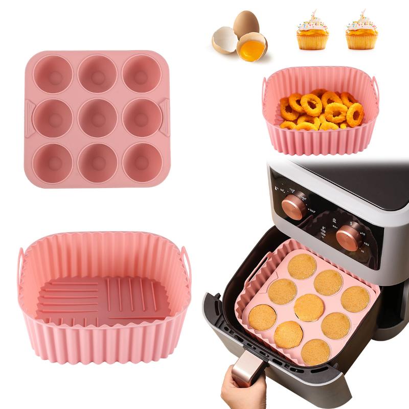 2Pcs Non-Stick Baking Trays With Cupcake Molds For Healthy Cooking Kitchen Tools Square Silicone Air Fryer Liners & Muffin Pan