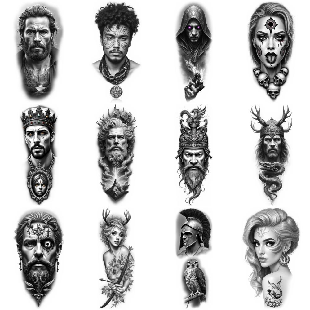 12 Stück Temporäre Tattoos Schwarz Grau Realismus Kleopatra Frau Indianerhäuptling Für Frauen Männer Oberschenkel