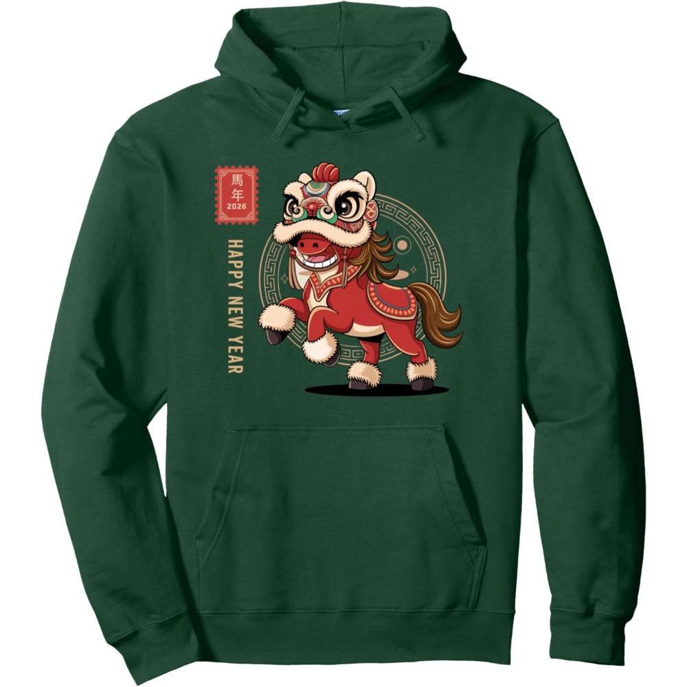 Lion Dance Year of The Horse Unisex Clothing Chinese New Year Zodiac Horse Pullover Hoodie Men Women Fashion Sweatshirt