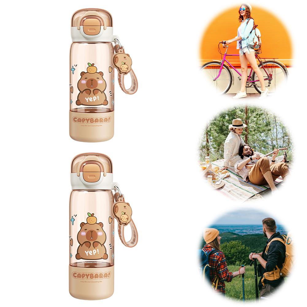 Cartoon Capybara Plastic Kapibara Cup & Straw and Portable Strap Portable Drinking Bottles School Work Travel Going Out Supplies