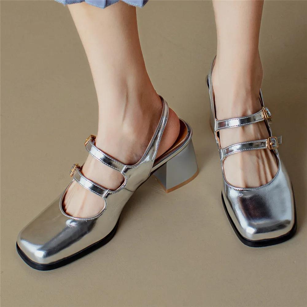 Modă Retro Toc Gros Toc Mediu Pantofi Mary Jane Cu Vârf Pătrat Sandale Argintii Negre Vară Nou Mărime Mare 32-46 Pantofi de Damă Modă