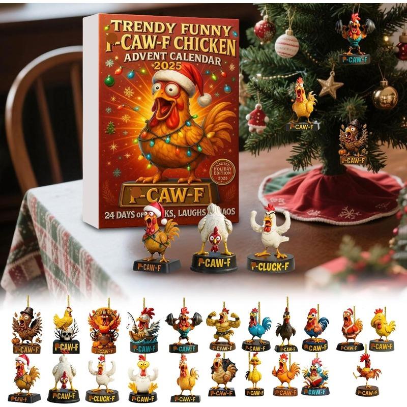 Caw-F Advent Calendars 2025 Funny Christmas Decor Chicken Ornaments 24 Days Countdown Calendar Christmas Tree Hanging Charms