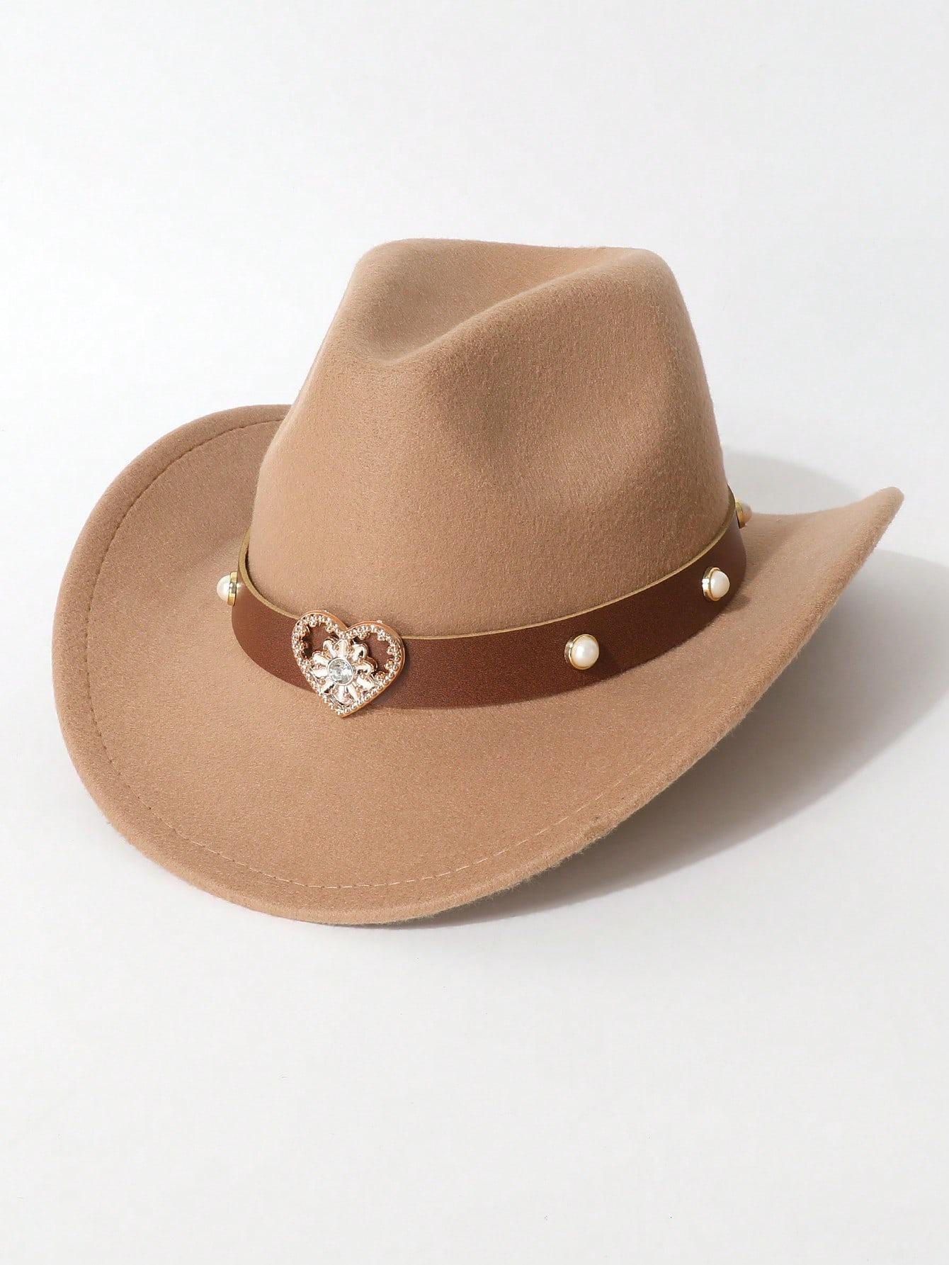 

Heart Rhinestone Decor Wool Fedora: Retro Western Cowboy Hat for Women, Autumn/Winter, Large Brim, Fashionable & Versatile Jazz Style хакі