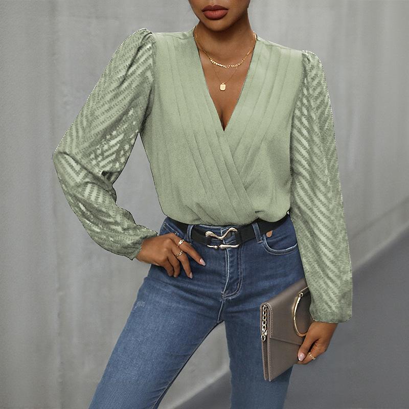 

YYFS Жіночі Модні Повсякденні Однотонні Боді з Принтом Весна Осінь з Довгим Рукавом та V-подібним Вирізом XL