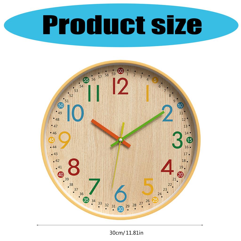 Easy To Read Colorful Numerals Wall Clock Quiet Operations Wood Grain Plastic Clock for Home Office Nursery Decoration