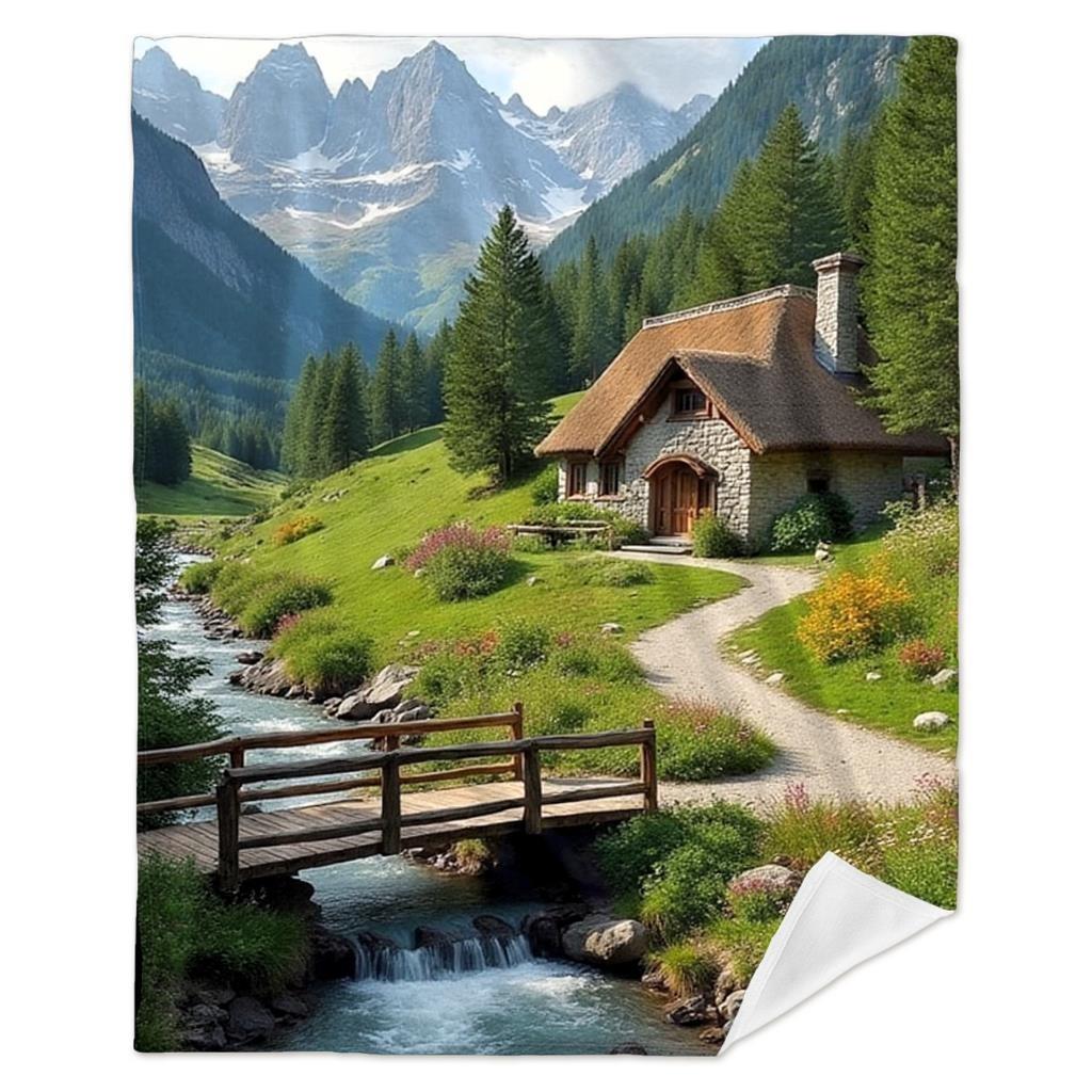 Tranquil Mountain Cottage Throw Blanket: Alpine Landscape Pattern Cottagecore Cozy Home Decor